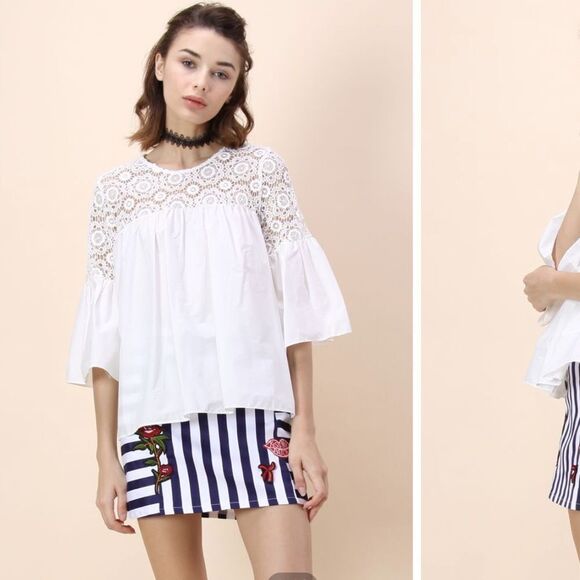 Chicwish Floral Crochet Panel Dolly Top with Bell Sleeves White Size‎ M - Picture 1 of 6